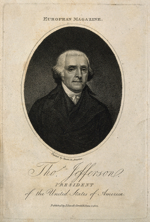 Portrait von Thomas Jefferson, Präsident der Vereinigten Staaten, auf dem Cover des European Magazine, in Schwarzanzug und weißem Hemd mit ernstem Gesichtsausdruck, Haar zurückgekämmt, direkt in die Kamera schauend, Magazintitel in fetten weißen Buchstaben oben.