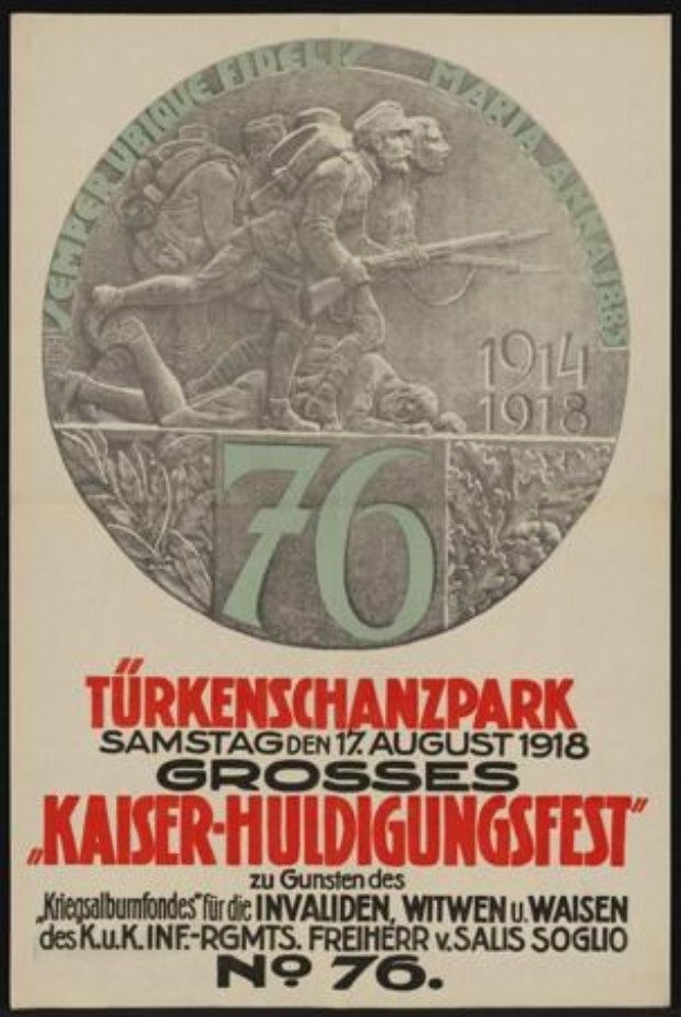 Plakat zum 70. Jubiläum des Kaiser-Huldigungsfestes in Berlin, Deutschland, mit einer Gruppe von Menschen in der Mitte, umgeben von Text und Zahlen, in einem klassischen Photo-Rahmen präsentiert.