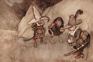 Gemälde von drei Gnomen und einem Hund auf einer Wiese, wobei einer der Gnome einen Hut trägt und einen Stock hält, vor Felsen und Pflanzen, signiert 'Arthur Rackham - The Three Gnomes and the Dog' unten.