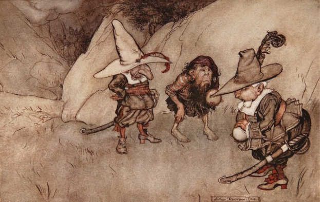 Gemälde von drei Gnomen und einem Hund auf einer Wiese, wobei einer der Gnome einen Hut trägt und einen Stock hält, vor Felsen und Pflanzen, signiert 'Arthur Rackham - The Three Gnomes and the Dog' unten.