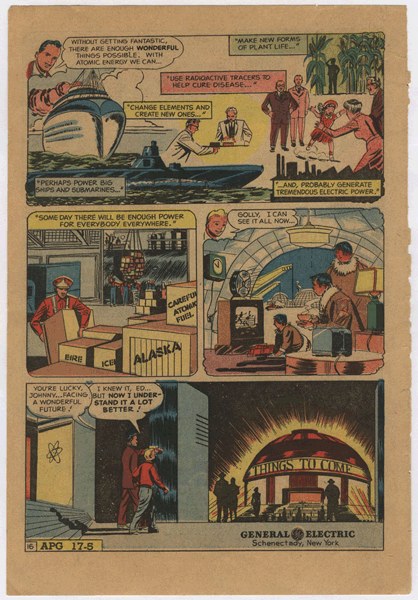 Comicbuchseite mit einem Mann in einem blauen Anzug mit weißem Hemd und roter Krawatte und einer Frau in einem weißen Kleid mit blauer Schürze und Schürze, vor einem hellblauen Himmel mit weißen Wolken.