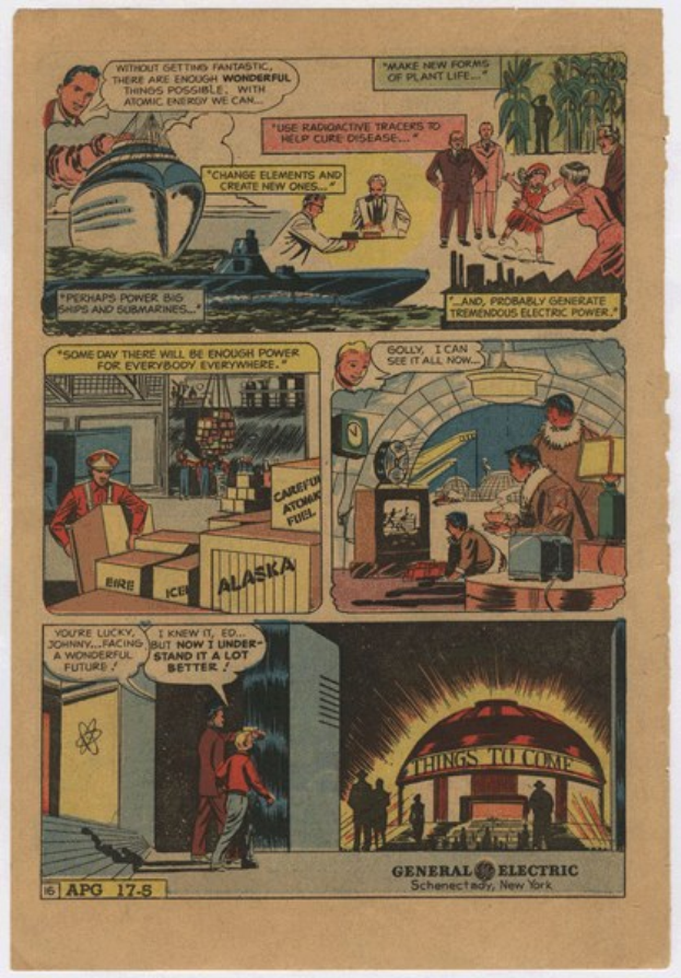 Comicbuchseite mit einem Mann in einem blauen Anzug mit weißem Hemd und roter Krawatte und einer Frau in einem weißen Kleid mit blauer Schürze und Schürze, vor einem hellblauen Himmel mit weißen Wolken.