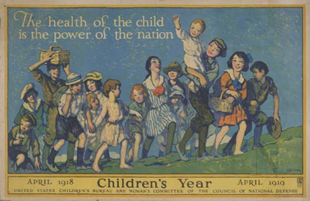 Plakat mit der Aufschrift "Die Gesundheit des Kindes ist die Macht der Nation" mit einer Gruppe von Kindern, die Körbe halten und auf die Bedeutung der Kindergesundheit und die Stärke der Nation hinweisen.