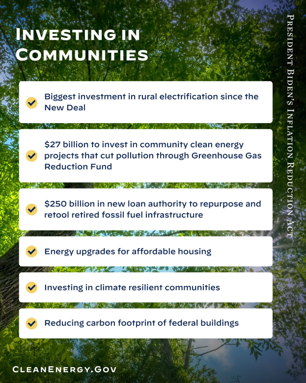Poster with trees and sky in the background, featuring the text "Investing in Communities: Biggest Investment in Rural Electricity Since the New Deal."