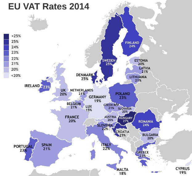 Eine Karte von Europa, die die EU-Mehrwertsteuersätze für 2014 mit Prozentangaben und Text anzeigt.