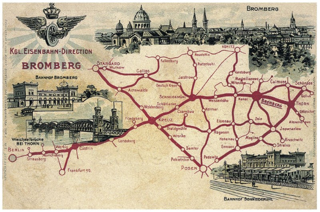 Ein detailliertes Plakat mit einer Karte von Bromberg, Deutschland, das Straßen, historische Gebäude und eine Brücke, Bäume und Text mit historischen und kulturellen Informationen zeigt.