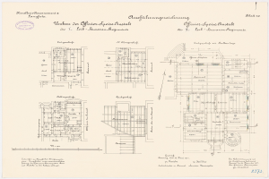 Schwarzes und weißes architektonisches Grundrissbild des ehemaligen Bundeskanzleramts, das detaillierte Layout und Textanmerkungen zeigt.
