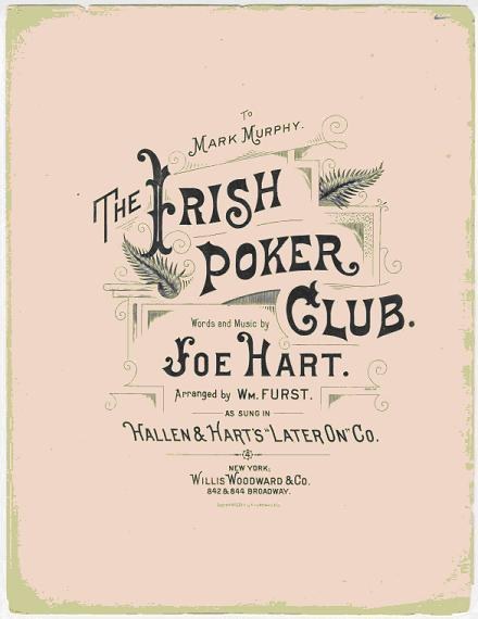 Ein Plakat mit der Aufschrift "The Irish Poker Club" in fetter schwarzer Schrift auf einem weißen Hintergrund, eingerahmt von einem schmalen schwarzen Rand, mit einer bunten Kleeblatt-Illustration.