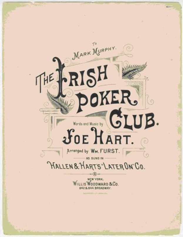 Ein Plakat mit der Aufschrift "The Irish Poker Club" in fetter schwarzer Schrift auf einem weißen Hintergrund, eingerahmt von einem schmalen schwarzen Rand, mit einer bunten Kleeblatt-Illustration.