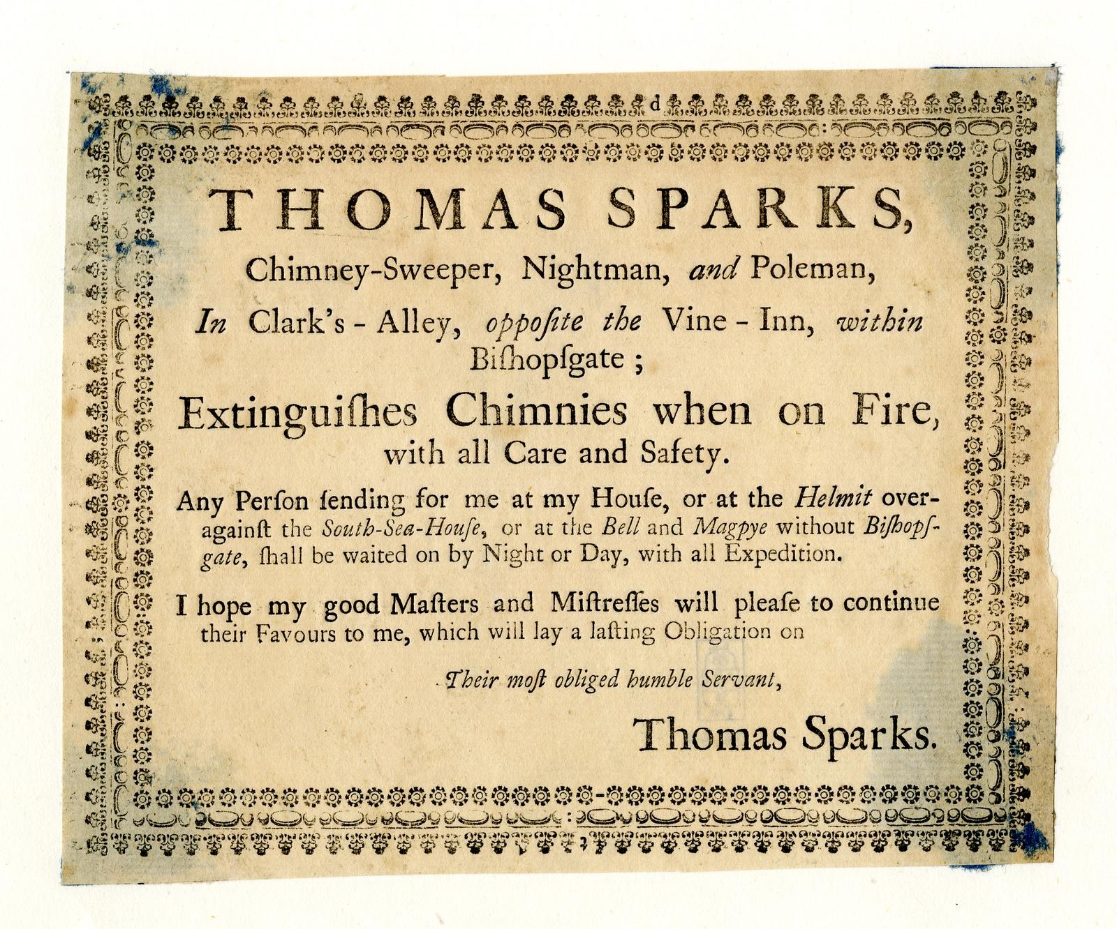 Papier mit gedrucktem Text, der die Dienstleistungen des Schornsteinfegers Thomas Sparks ankündigt, einschließlich der Löschung von Schornsteinbränden, befindet sich in Clark's Alley gegenüber dem Vine-Inn in Bishopsgate.