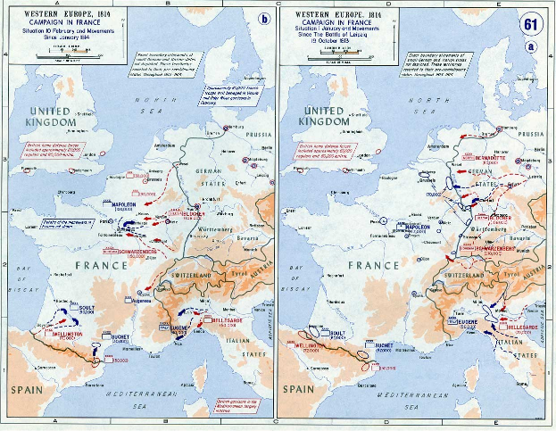 Ein Plakat zeigt eine Karte von Europa während der Schlacht von Leipzig, unterteilt in Abschnitte für Europa und Frankreich, mit nummerierten Regionen und Text, der Konflikt-details angibt.