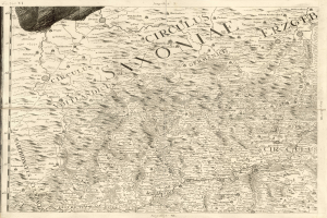 Ein altes Kartenbild von Sachsen, Deutschland, das geografische Merkmale wie Flüsse, Berge und Städte zeigt, mit begleitendem Text, der regionale Informationen bereitstellt.