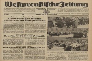 Schwarze Titelseite einer deutschen Zeitung vom 13. November 1939 mit der Überschrift "Weitpreubliche Zeitung", die eine Gruppe von Menschen in traditioneller deutscher Tracht zeigt.