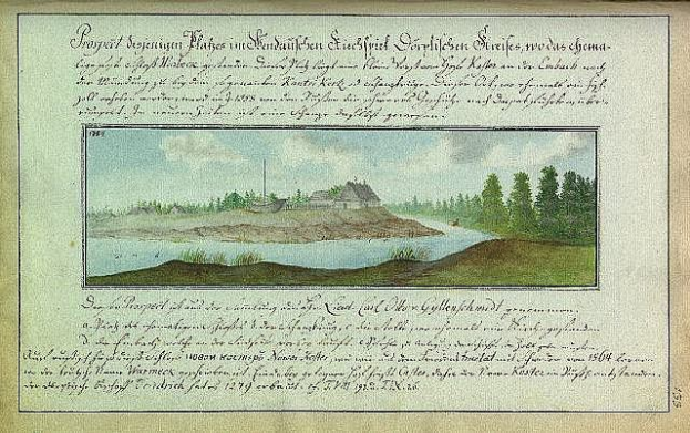 Ein wettergegerbtes 18. Jahrhundert Buch mit dem Titel "Deutsche Landschaften, Landschaft und Landschaft in Deutschland" mit einer Illustration eines Flusses, Hauses, Bäume, Gras und einem wolkenverhangenen Himmel.