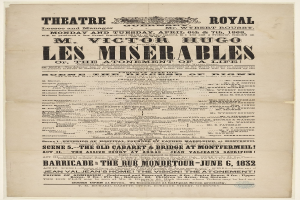 Schwarze und weiße Zeitungsanzeige für das Theatre Royal, London, wahrscheinlich zur Bewerbung des Stücks "Les Misérables", mit dichtem Text.