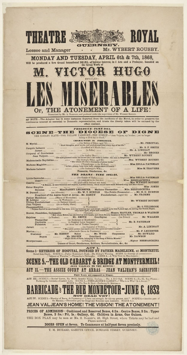 Schwarze und weiße Zeitungsanzeige für das Theatre Royal, London, wahrscheinlich zur Bewerbung des Stücks "Les Misérables", mit dichtem Text.