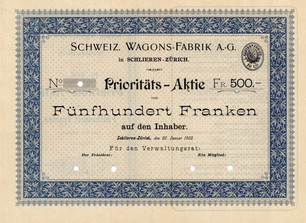 Ein altes deutsches Aktienzertifikat mit blauem Rand und der Aufschrift "Schweiz Wagons-Fabrik A.G."