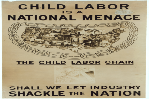 Ein Plakat mit großer schwarzer Schrift auf weißem Hintergrund zeigt "Kindera(r)beit ist eine nationale Ge(r)ade - Sollen wir der Industrie die Nation kett(et)en lassen?", mit einer Gruppe von Menschen verschiedenen Alters, Geschlechts und Ethnien, die gemeinsam stehen.