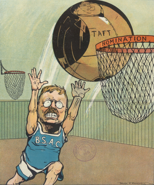 Cartoon eines Mannes in einem Basketball-Trikot und Shorts, der einen hellgelben Basketball in ein tiefblaues Netz wirft, vor einem hellblauen Himmel mit wei{ße Wolken.