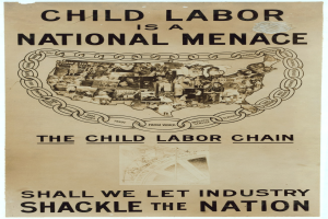 Plakat mit der Aufschrift "Kinderaarbeit ist eine nationale Geißel - Sollen wir der Industrie gestatten, das Land zu fesseln" in fetter schwarzer Schrift auf einem weißen Hintergrund, das eine vielfältige Gruppe von Menschen zeigt, die gemeinsam stehen.