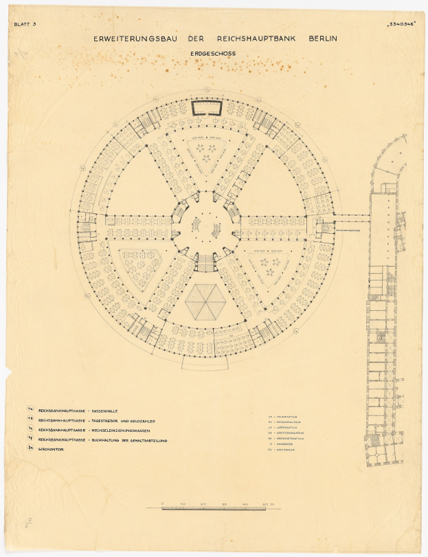 Ein detailliertes architektonisches Zeichnung des runden Reichshauptbank-Gebäudes in Berlin, Deutschland, mit zahlreichen Fenstern und einem Layout-Diagramm auf Papier.