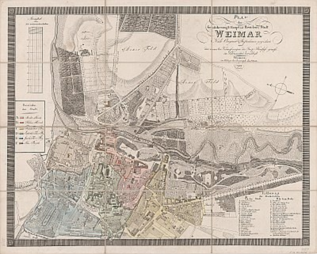Ausführliche alte Karte von Weimar, Deutschland, die Straßen, Gebäude und Sehenswürdigkeiten mit begleitendem Text über die Bevölkerung und bemerkenswerte Merkmale zeigt.