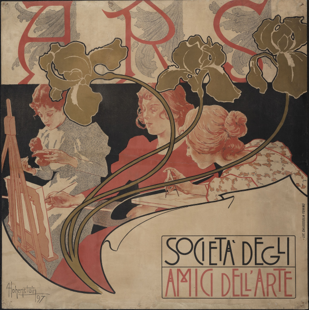 Plakat für die Gesellschaft für Kunst von Alphonse Mucha, das drei stilisierte Figuren in verschiedenen Farben vor einem hellgelben Hintergrund mit schwarzer Schrift zeigt.