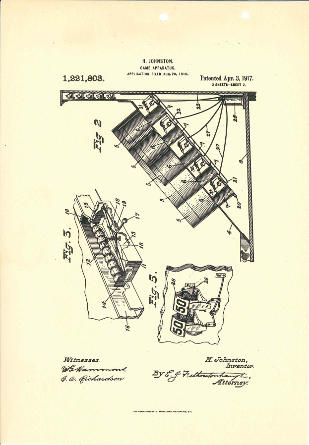 Schwarz-weiß-Diagramm eines patentierten Spielgeräts von einer Buchseite, beschriftet mit "Game Apparatus Patent 1,221,803", mit nummerierten Komponenten.
