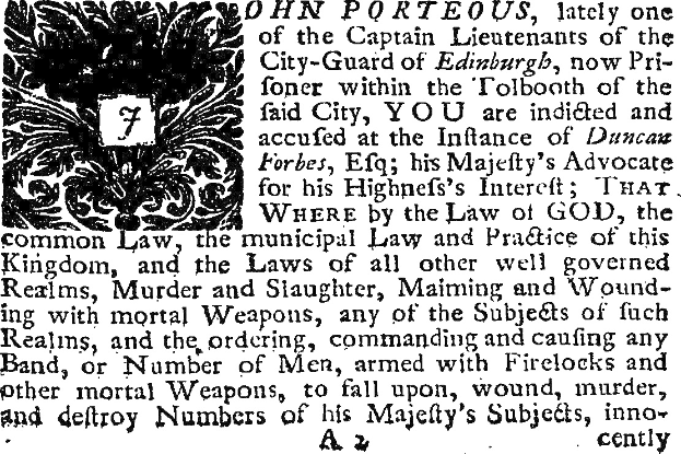 Schwarzes und weißes Bild eines Mannes in Anzug und Krawatte, der ein Papier mit Text und einem Design hält, einschließlich der Anklage gegen John Porteous.