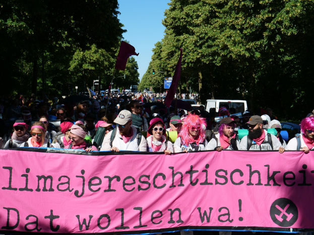 Eine Gruppe von Menschen marschiert mit einem pinken Banner, auf dem 'Women's March in Berlin' steht, die Straße entlang, einige tragen Mützen und Schutzbrillen, andere halten Fahnen, vor dem Hintergrund von Bäumen, Fahrzeugen und Himmel.