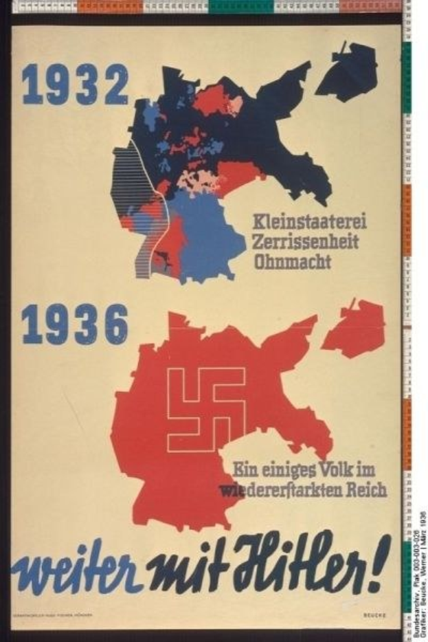 Plakat mit einer Deutschlandkarte und Nazi-Symbol in den Farben Rot, Weiß und Blau.