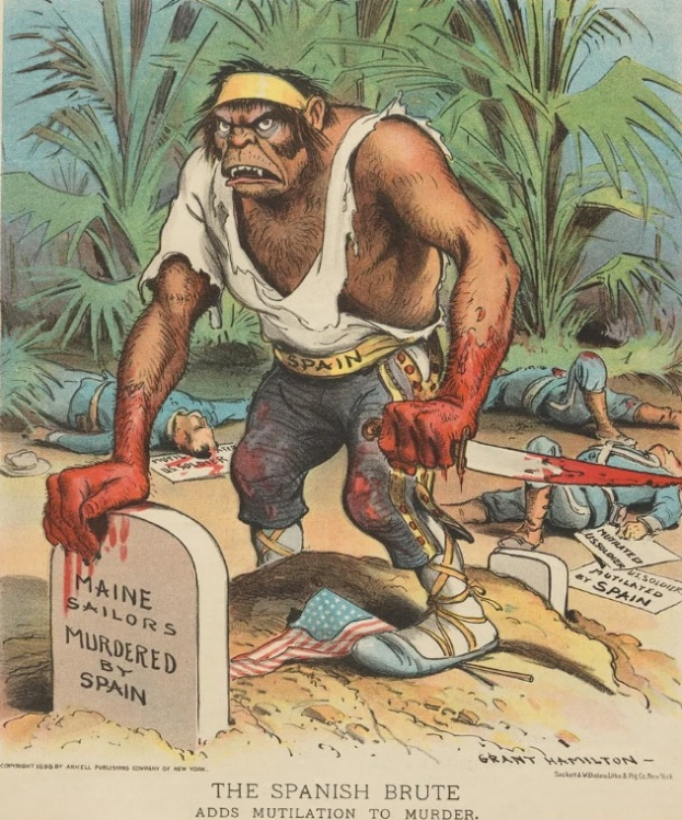 Ein Cartoon eines Mannes mit einem Messer vor einem Grab mit Text darauf, umgeben von liegenden Menschen und Bäumen im Hintergrund; Text unten lautet "Der spanische Barbar fügt Verstümmelung zum Mord hinzu."