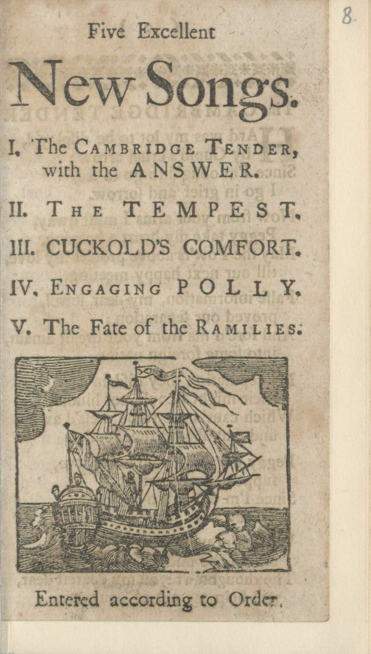 Altes Buchcover mit einer Schiffsdarstellung und der Überschrift "Fünf ausgezeichnete neue Lieder" mit einem blauen Himmel und Wolken im Hintergrund.