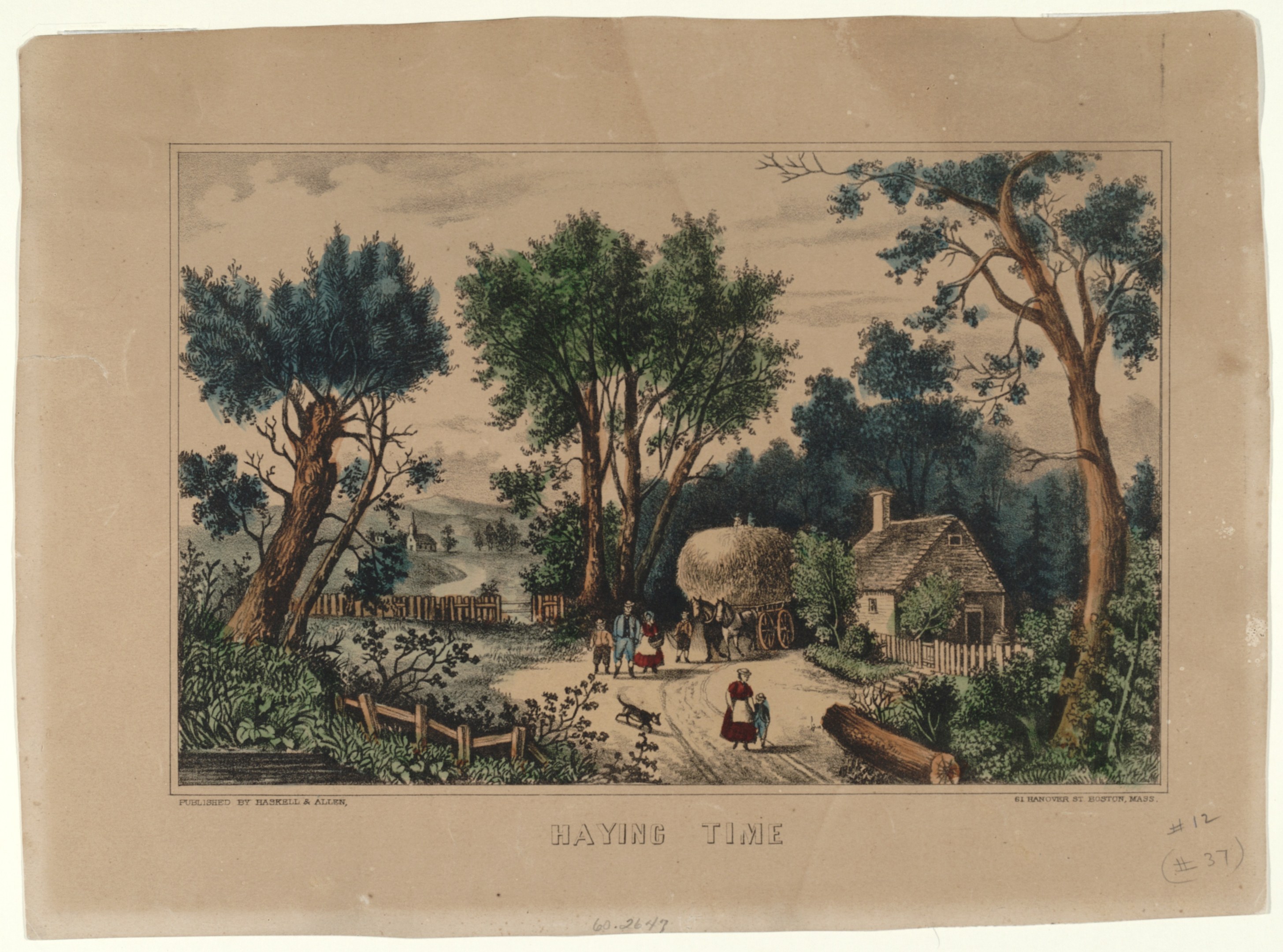 Eine Zeichnung einer Farmszene mit Menschen, die einen Schotterweg mit Bäumen, Pflanzen, Gras, Holzscheiten, einem Zaun, einem Haus mit Dach und einem bewölkten Himmel entlanggehen, mit Text unten.