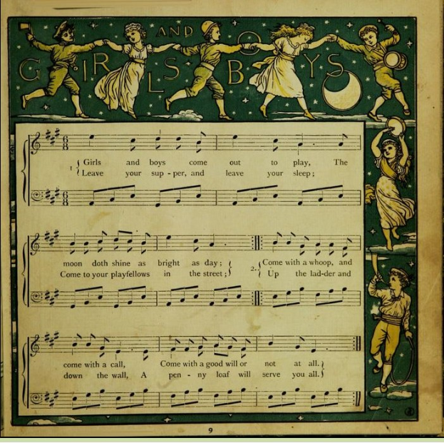 Ein Blatt Papier mit einem Bild von Kindern, die fröhlich in bunten Kleidern tanzen und von einem Notenblatt mit der Überschrift "Jungen und Mädchen" begleitet werden.