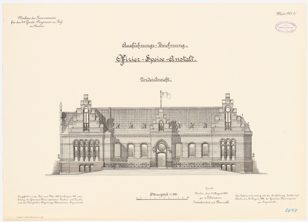 Zeichnung des Hauptsaals des Deutschen Bundestages in Berlin mit einer Flagge auf dem Dach, begleitet von Text auf dem Papier.