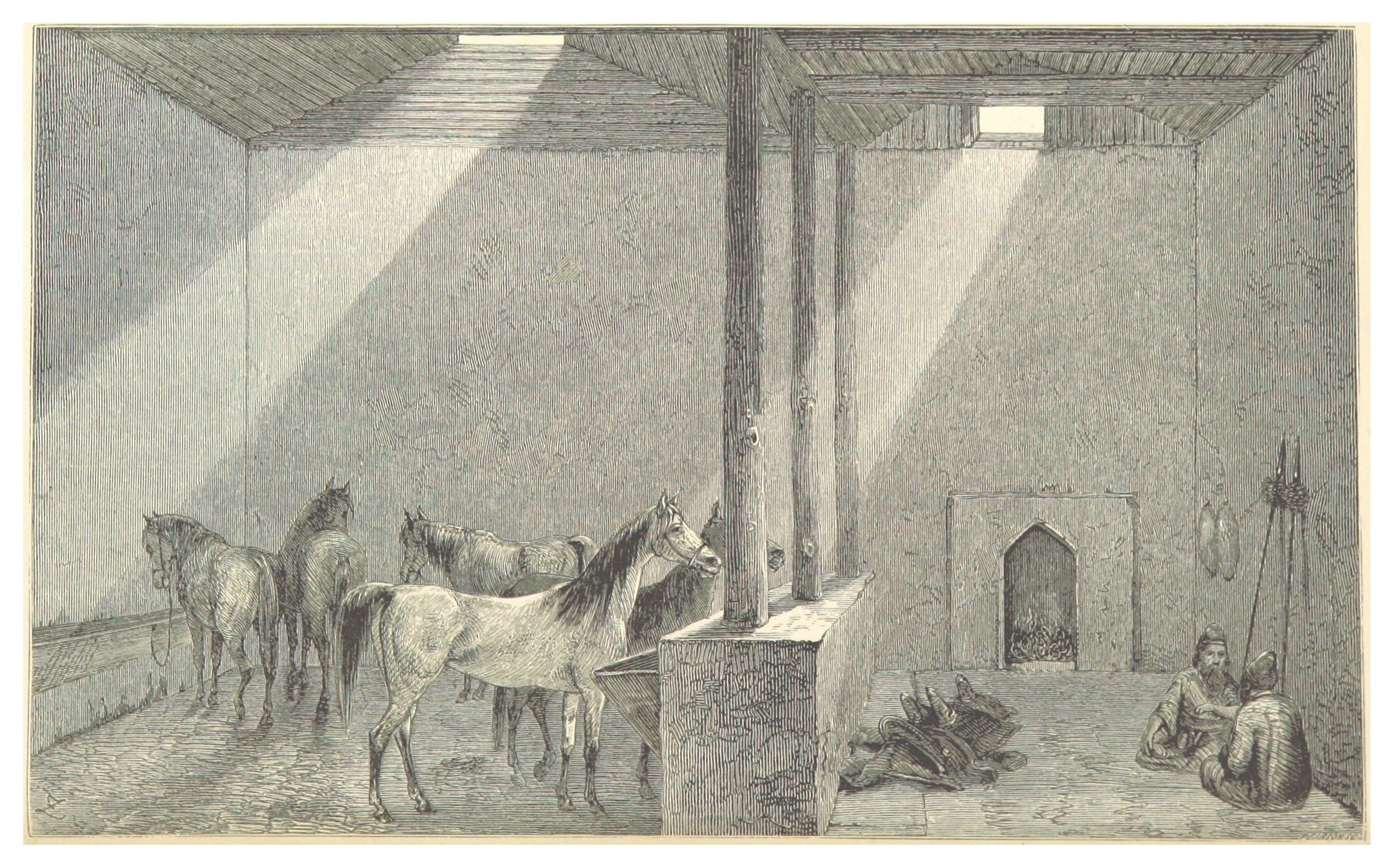 Eine bunte Zeichnung eines Raums mit zwei Pferden, zwei sitzenden Personen auf dem Boden und verschiedenen verstreuten Gegenständen, mit Text unten.