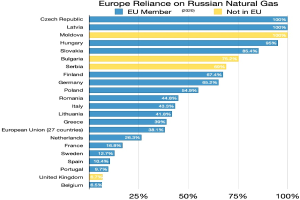 Eine Balkendiagramm, das die Abhängigkeit Europas von russischem Erdgas zeigt, mit Prozentangaben und Texten, die das Investitionsniveau angeben.