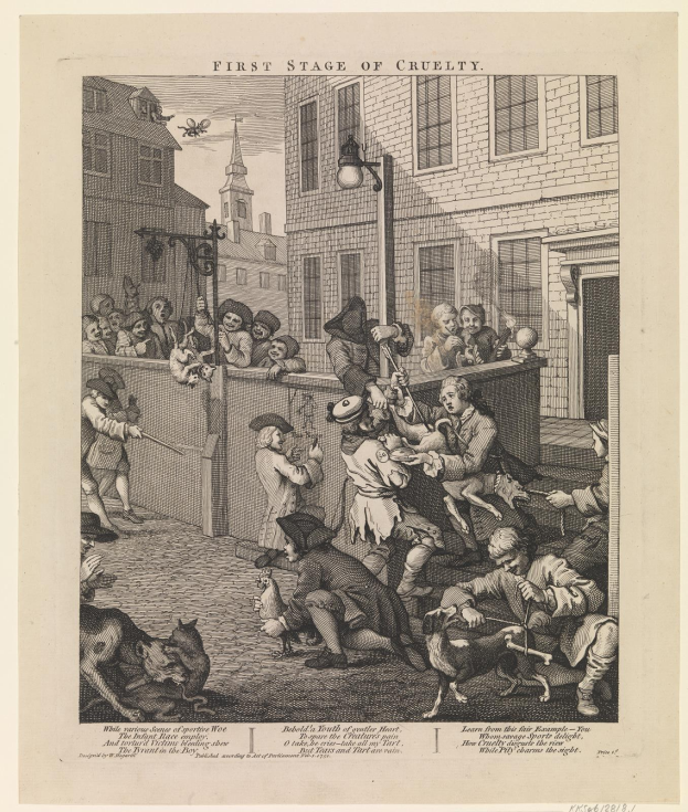 Gruppe von Menschen und Tieren versammelt um ein Gebäude mit Fenstern und einem Lichtmast, mit Himmel im Hintergrund; Text unten lautet "Erste Stufe der Grausamkeit."