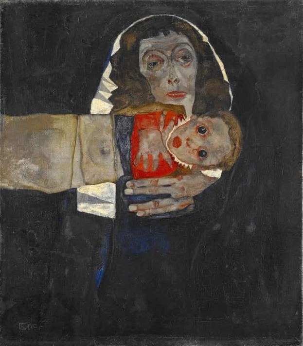 Gem├Ąlde mit dem Titel "Mutter und Kind" von Egon Schiele zeigt eine Frau in einem wei├čen Kleid, die ein Baby gegen einen schwarzen Hintergrund h├Ąlt.