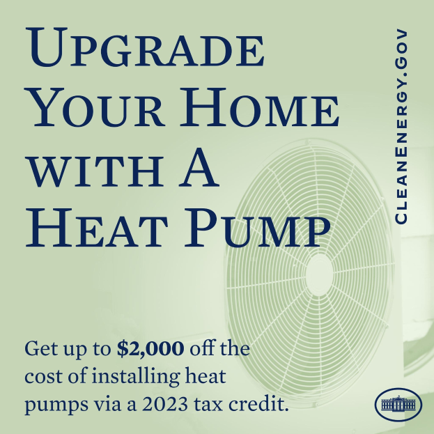 Plakat zur Werbung von Heizpumpen-Upgrades mit einem Bild einer Heizpumpe und dem Text "Upgrade Your Home with a Heat Pump."