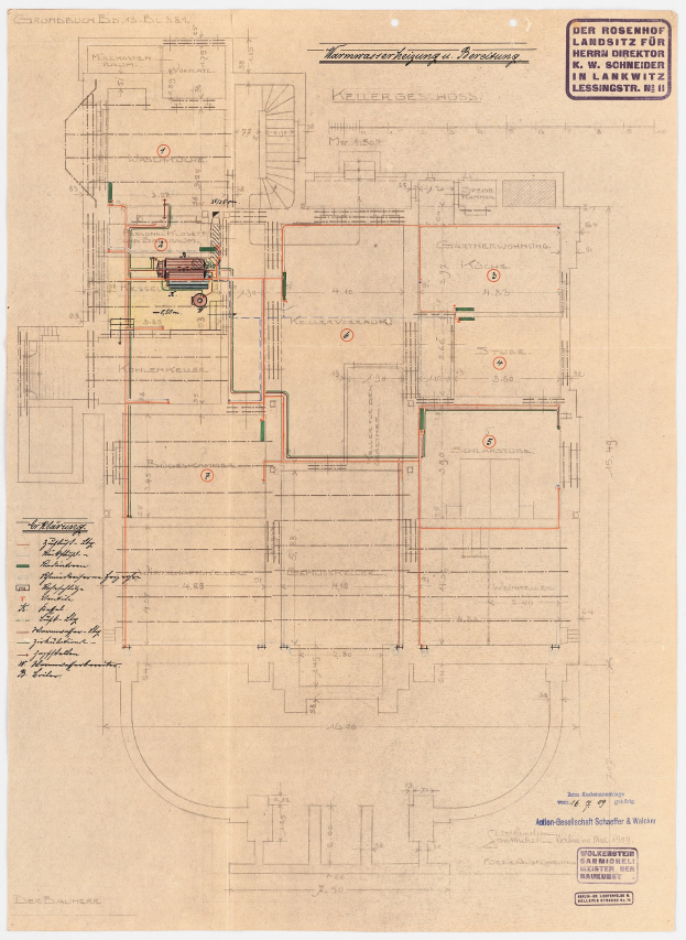 Schwarz-weißer Architekturplan des Rosenhof-Krankenhauses in Hamburg, Deutschland, mit detaillierten Grundrissen mit beschrifteten Räumen, Fluren und ausführlichen Verdrahtungsplänen auf altem Papier.