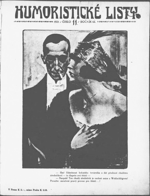 Schwarze und weiße Zeitschrift mit dem Titel 'Humoristische Liste', die einen Mann in einem Anzug mit ernster Miene und eine Frau mit einem leichten Grinsen zeigt, die wegsieht.