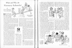 Offenes Buch mit Illustrationen von Kindern, die in einer Kita spielen, mit Text und einer Tabelle mit Gegenständen.