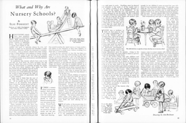 Offenes Buch mit Illustrationen von Kindern, die in einer Kita spielen, mit Text und einer Tabelle mit Gegenständen.