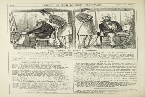 Ein altes Buchcover mit einem Mann in einem Stuhl sitzend und einen ernsten Gesichtsausdruck habend und einer Frau danebenstehend mit einem nachdenklichen Blick, betitelt mit "Die Macht der öffentlichen Meinung".