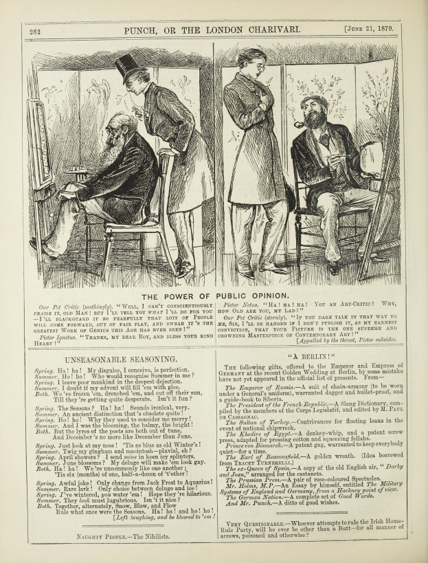 Ein altes Buchcover mit einem Mann in einem Stuhl sitzend und einen ernsten Gesichtsausdruck habend und einer Frau danebenstehend mit einem nachdenklichen Blick, betitelt mit "Die Macht der öffentlichen Meinung".