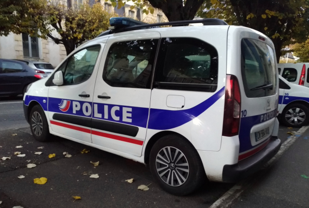 Polizeifahrzeug auf einer Stadtstraße neben Gebäuden mit Fenstern und Bäumen geparkt, umgeben von abgefallenen Blättern.