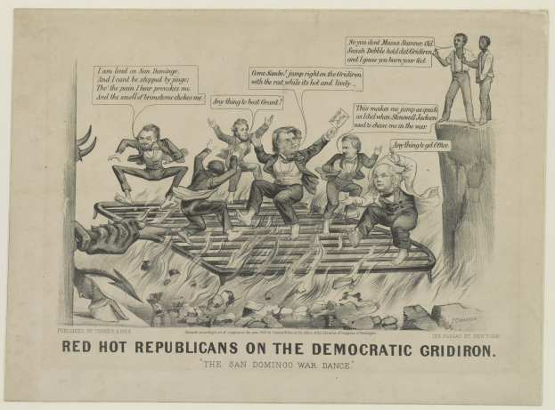 Eine Zeichnung auf Papier, die rote Figuren in Not auf einem Rost zeigt, mit fetter schwarzer Schrift, die eine ernste Situation betont.