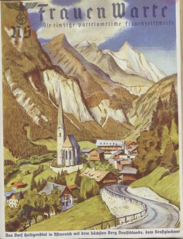Altes deutsches Reiseplakat aus den 1930er Jahren, das eine kleine Bergstadt mit Häusern, Bäumen, einer gewundenen Straße und Text zeigt.